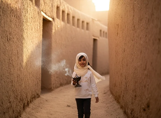Saudi Girl with Incense Burner in Heritage Mud Village