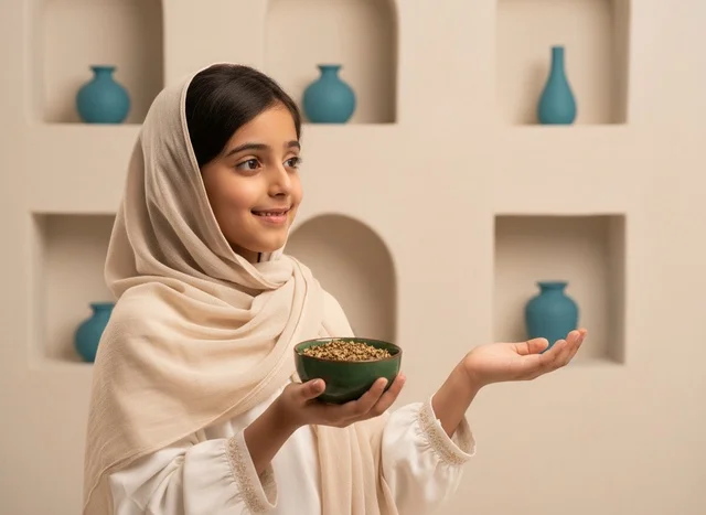 Emirati Girl in Traditional Dress Holding Coffee Beans