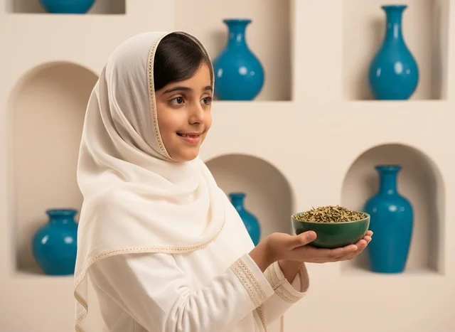 Middle Eastern Girl in Traditional White Dress with Spices