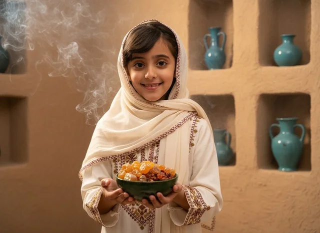 Saudi Girl in Traditional Dress Holding Dates