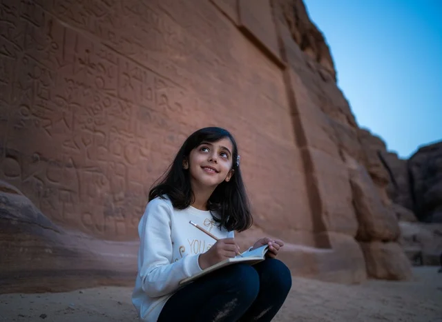 Saudi Girl Writing Near Ancient Inscriptions