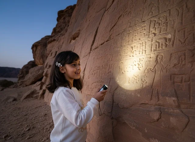 Saudi Girl Exploring Ancient Rock Inscriptions with Flashlight