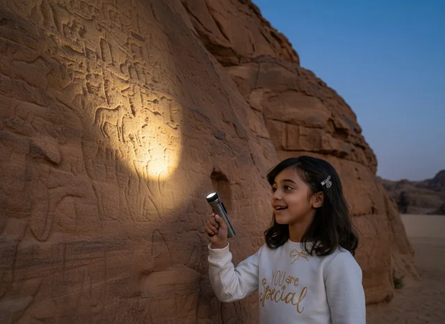 Saudi Girl Examining Ancient Rock Art with Flashlight