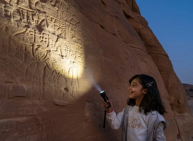 Saudi Girl Exploring Ancient Rock Inscriptions at Night