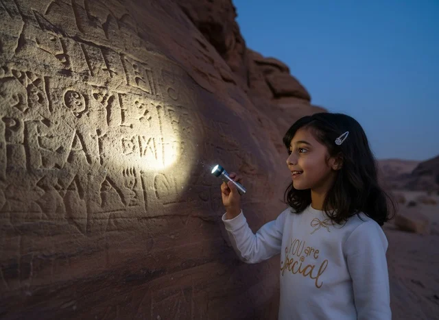 Saudi Girl with Flashlight at AlUla Ancient Site