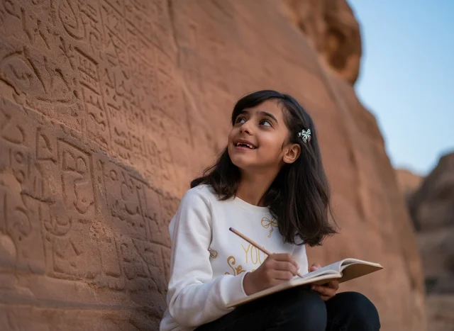 Saudi Girl at Al-Ula Ancient Rock Inscriptions