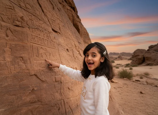 Saudi Girl Pointing at Ancient Rock Carvings at Sunset
