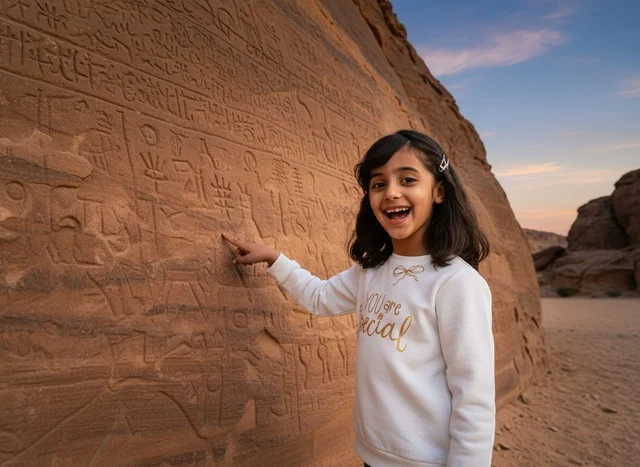 Saudi Girl Pointing to Ancient Inscriptions in Al-Ula