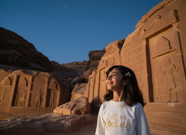 طفلة سعودية في العلا أمام النقوش الأثرية ليلاً