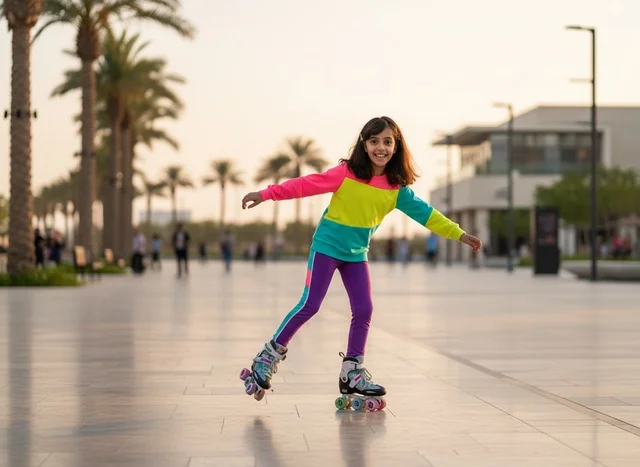 Saudi Girl Rollerblading in Modern Outdoor Plaza
