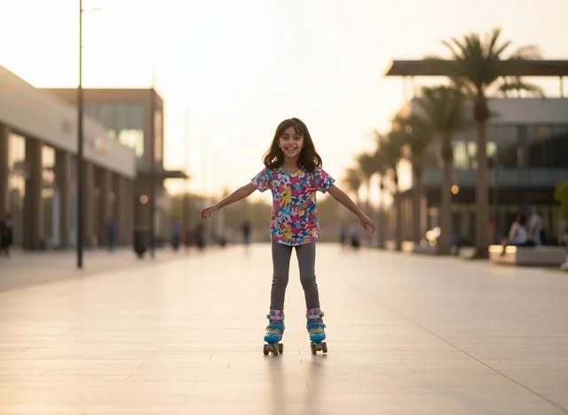 Arab Girl Roller Skating in Urban Plaza at Sunset