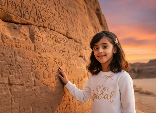 Saudi Girl Touching Ancient Rock Inscriptions at AlUla