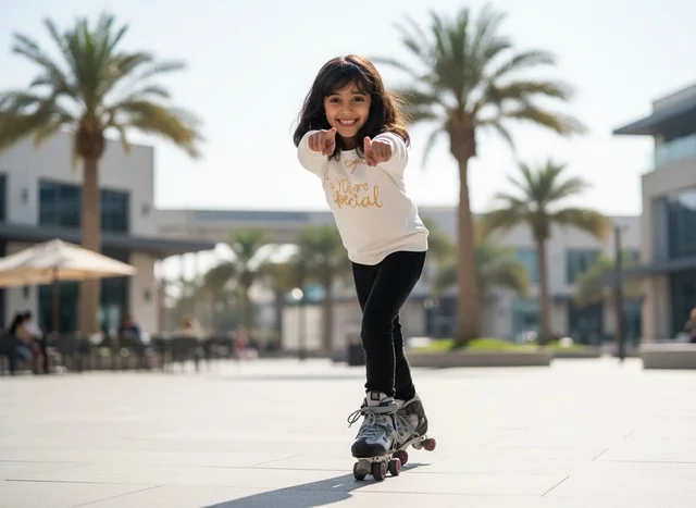 A Saudi girl is practicing skating at the U Walk complex in Riyadh during the day.
