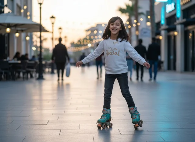 A Saudi girl is practicing skating at the U Walk complex in Riyadh during the day.