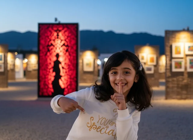 Saudi Girl at Outdoor Art Exhibition During Night