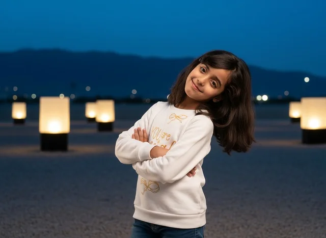Saudi Girl with Glowing Lanterns at Night