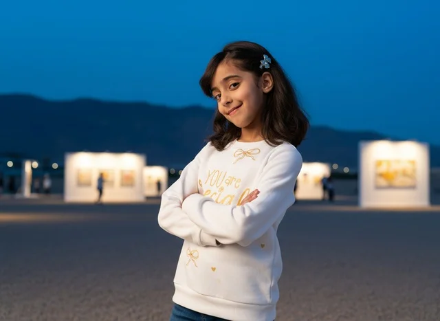 Saudi Girl at Outdoor Art Exhibition During Twilight
