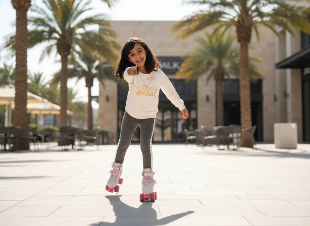 A Saudi girl is practicing skating at the U Walk complex in Riyadh during the day.