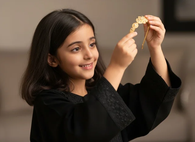 طفلة سعودية بعباية سوداء تمسك طوق ذهبي داخل المنزل