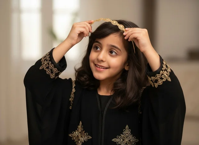 Saudi Girl in Traditional Gold Embroidered Black Abaya