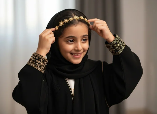 طفلة سعودية بالعباءة التقليدية السوداء وطوق ذهبي