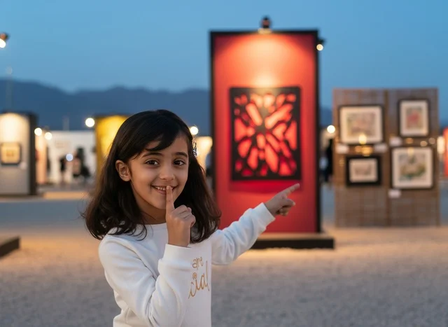 طفلة سعودية في معرض فني خارجي مساءً