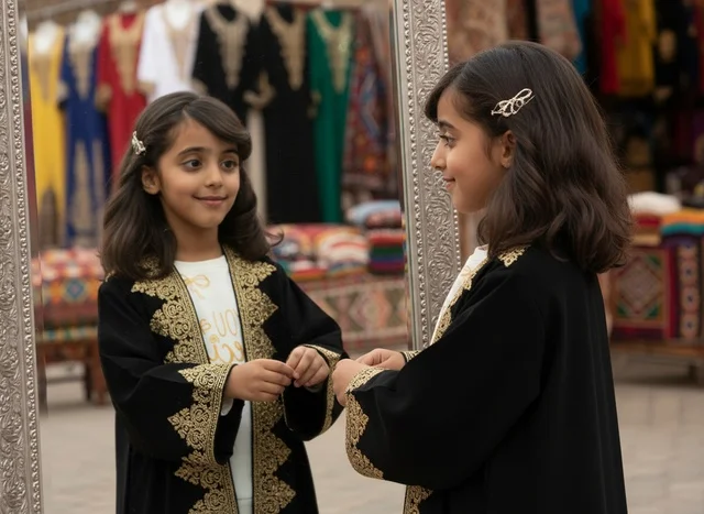 Saudi Girl in Traditional Thobe Looking at Mirror