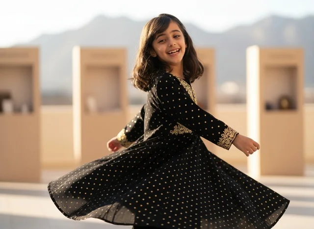 Saudi Girl in Traditional Jalabiya Spinning Outdoors