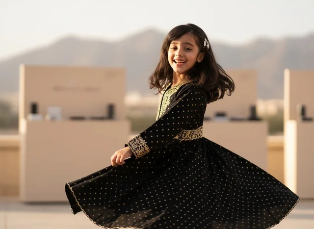 Saudi Girl in Traditional Dress Spinning Outdoors