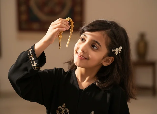 Saudi Girl with Traditional Gold Headband and Abaya