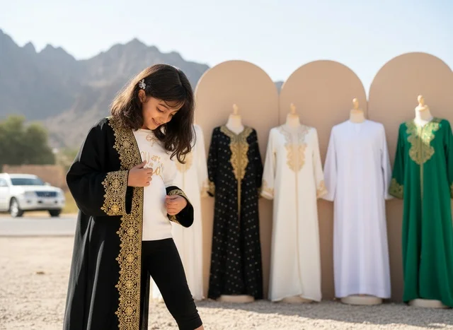 Emirati Girl in Traditional Black Abaya with Mountains