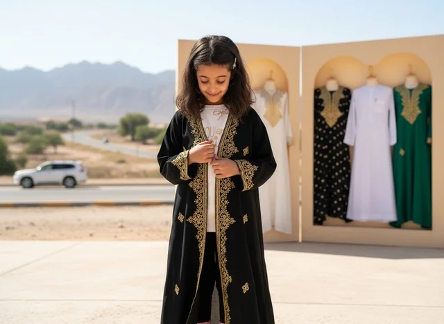 Emirati Girl in Traditional Abaya with Gold Embroidery