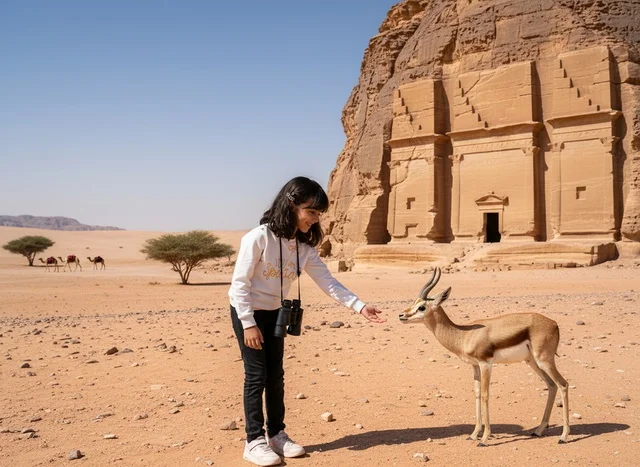 Saudi Girl with Gazelle at Hegra AlUla Desert