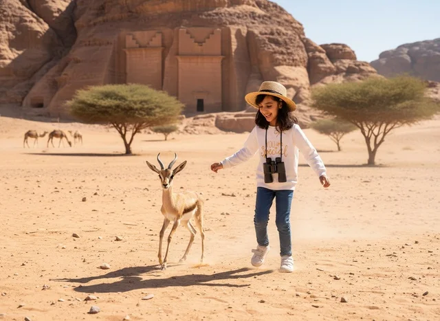Saudi Girl with Gazelle at Hegra AlUla Desert Landscape