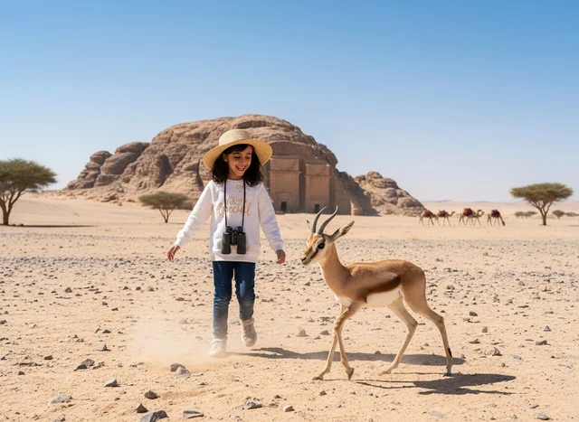 طفلة سعودية مع غزال في صحراء الحجر بالعلا