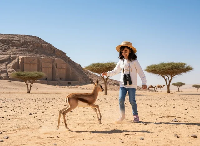 طفلة سعودية مع غزال في صحراء الحجر بالعلا