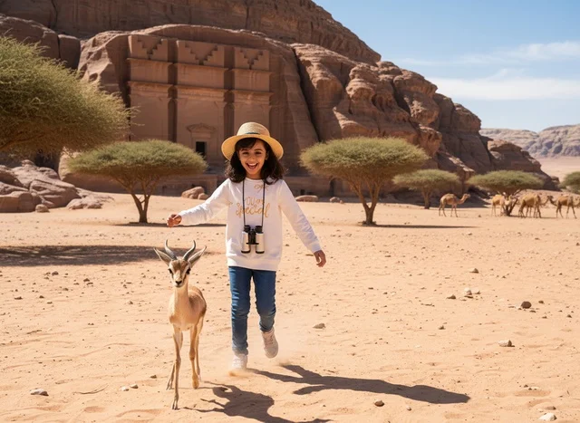 Saudi Girl Running with Gazelle at Hegra Al-Ula Tombs
