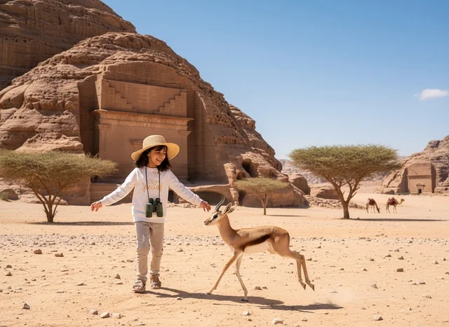 طفلة عربية مع غزال الريم في آثار العلا بالسعودية
