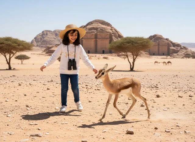 طفلة عربية مع غزال في مدائن صالح بالعلا