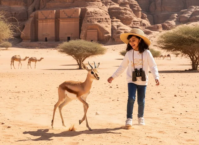 Saudi Girl with Gazelle at AlUla Hegra Tombs