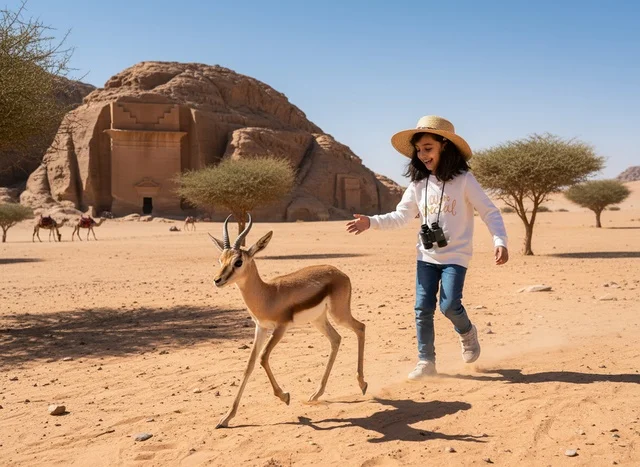 طفلة سعودية مع غزال في صحراء العلا والآثار التاريخية