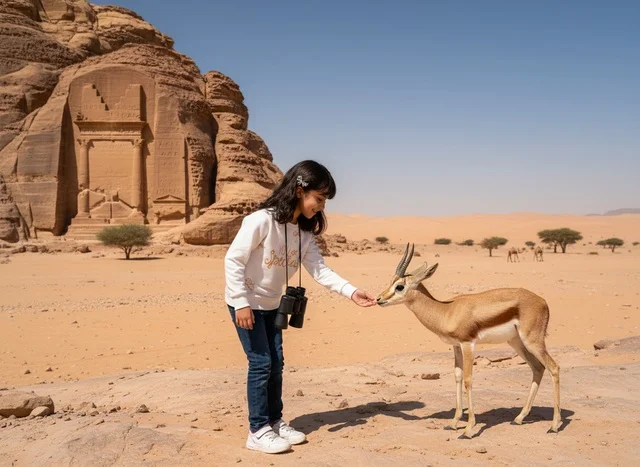 طفلة سعودية تطعم غزال في العلا بمدائن صالح طفلة سعودية تطعم غزال في العلا بمدائن صالح
