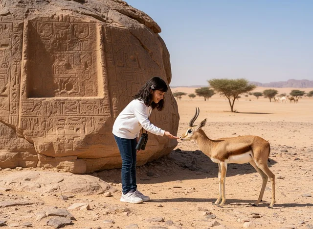 طفلة عربية تتفاعل مع غزال بري في موقع تراثي سعودي