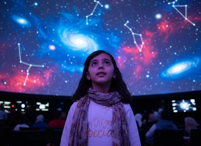 Arab Girl Looking at Stars and Galaxy in Planetarium Dome