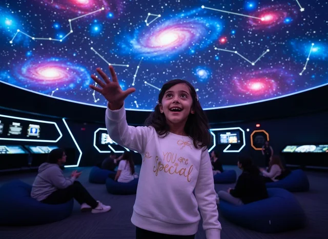 Arab Girl in Planetarium with Space Projection