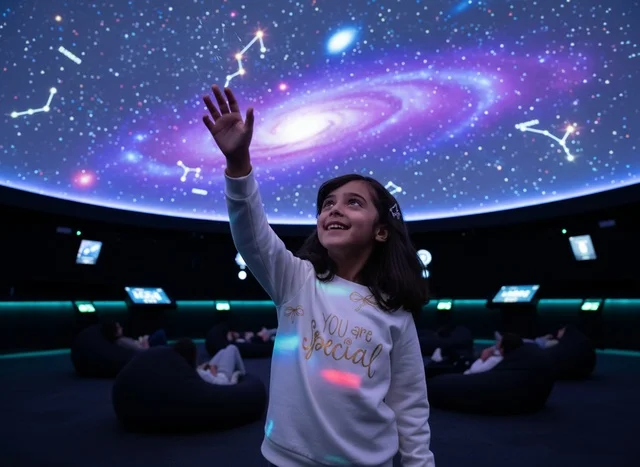 Arab Girl Exploring Space in Planetarium Observatory
