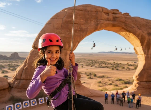 Saudi Girl Rock Climbing at Natural Desert Arch