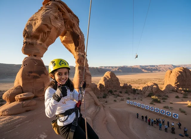 Saudi Girl Rock Climbing at AlUla Desert Arch