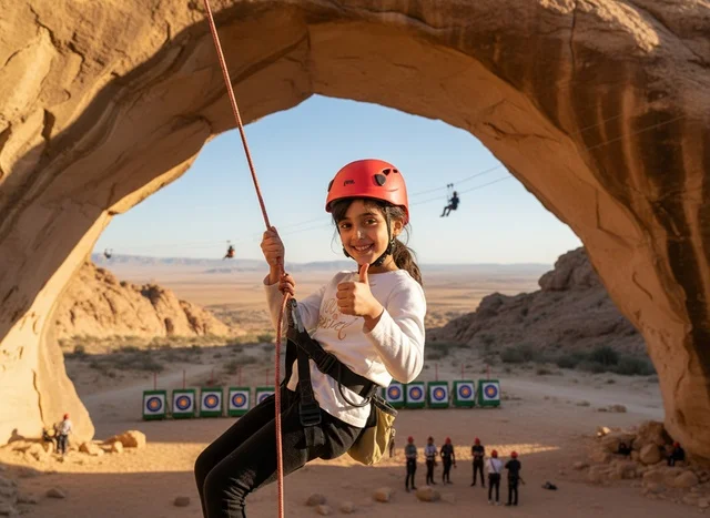 Saudi Girl Rock Climbing in Al-Ula Desert Arch