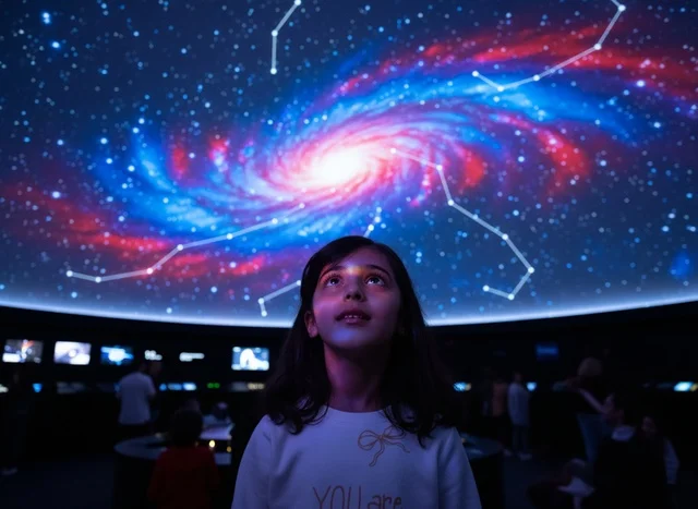 Arab Girl Looking at Galaxy in Planetarium